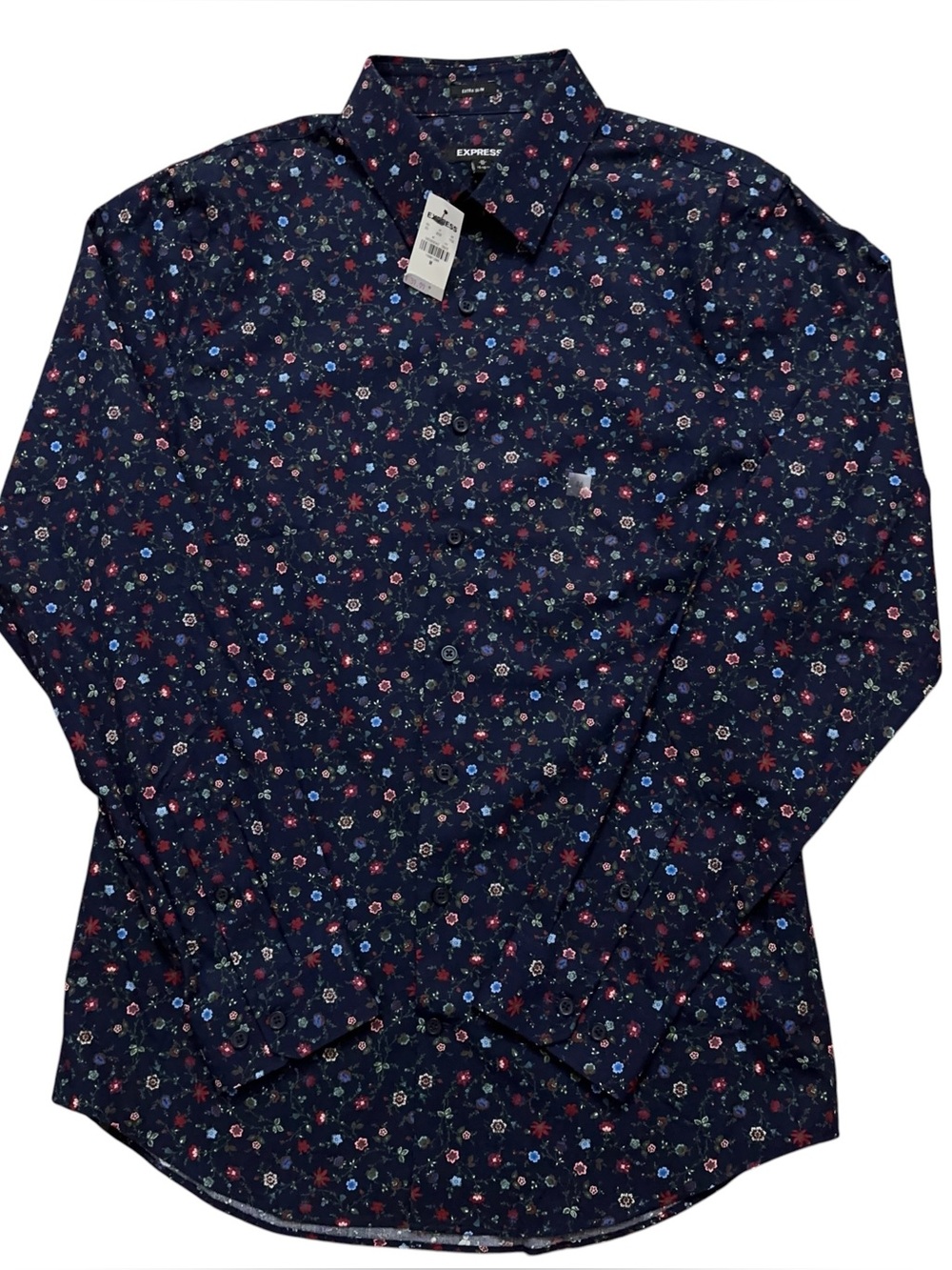 Express Shirt Mens Size M 15-15.5 Long Sleeve Button Floral Extra Slim Blue NEW